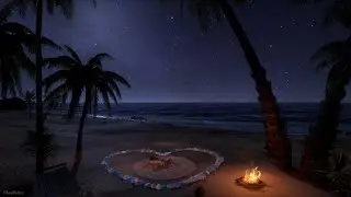 Camping On The Moonlight Beach | Crackling Fire, Gentle Wave Sounds