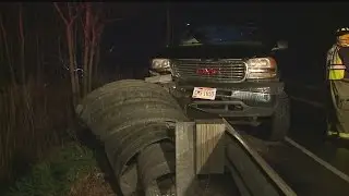 Pick-up truck hits guard rail, knocks down steel posts in Salem