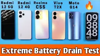 Extreme Battery Drain Test 100% - 0% Redmi12 5G vs Vivo T2x vs Realme C55 vs Redmi 12 vs Moto G14