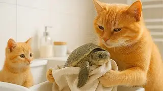 🛁 Mama Cat Gives Turtle a Bath | Cutest Care Routine Ever!