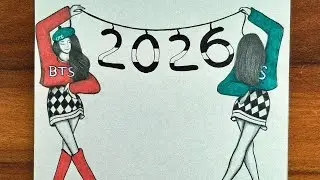 С Новым 2026 годом! Карандашный эскиз для начинающих &mdash; две подруги празднуют Новый год / Рисунок