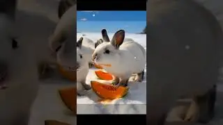 The rabbits eat ice-cold red melons in the snow. They are a very friendly team.🍈🥰🐇