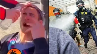 Видеоролик, на котором сотрудники ICE распыляют перцовый баллончик в сторону либералов на протесте.