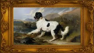 4K Vintage Dog Painting | Frame TV Art Screensaver with Black and White Dog by the River Landscape