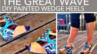 DIY hand-painted wedge heels: The Great Wave design