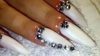 Acrylnails infill young nails products. Matt white nails with rhinestones/ acrylnagels Matt wit