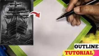 vintage sailing ship Drawing, Ship Drawing Pencil Sketch, Outline Tutorial 😍