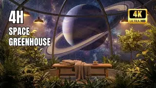 Space Greenhouse Ambience 🌿 Ringed Planet View + Gentle Rain (No Music, No Talking)