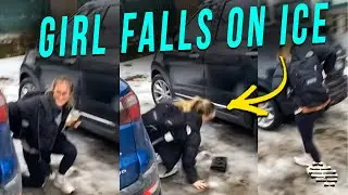 Girl Falls on Ice in a Slippery Parking Lot but Manages to Save Her Coffee