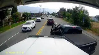Agassiz unsafe lane change into loaded log truck. Light contact from pickup pulling into the lane.
