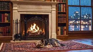 Late Night Writer&rsquo;s Library: Heavy Rain & Fireplace with Sleeping Yorkie #49