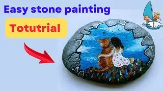 A beautiful girl with her pets stone painting | easy rock painting Totutrial | part 80