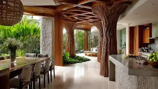 Amazing Seamless Dining room and Kitchen Design Integrated with Courtyard Garden