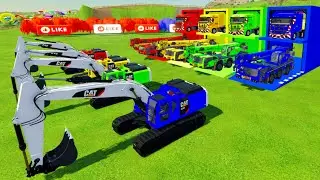 Colroful Heavy Machine - ALL COLORED CAT 336F EXCAVATOR, TEREX CRANE TRANSPORTING WITH FLATBED TRUCK