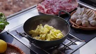Outdoor camping gourmet food meat soup hot pot 