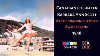 Canadian ice skater Barbara Ann Scott. At the training camp in Switzerland. 1948 (Colorized)