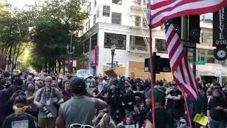 Lawyer speaking at a protest in Portland about how the 1st amendment is under attack
