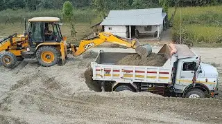 JCB Machine Amazing Work on Sandy Place - JCB 3DX Loading Gravel in Dump Truck and Tractor