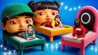 ¡Mamá Muñeca del Juego del Calamar a construir una cama GIGANTE para el niño del Juego del Calamar!