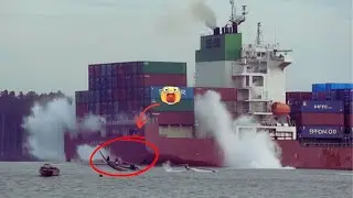 Caught on Camera: Small Boat Battles Huge Waves from Cargo Ship!