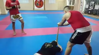 Muay Thai. Low Kick breaks baseball bat. Baseballschl&auml;ger bruch test.