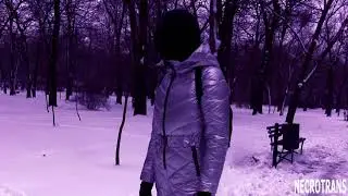 WINTER WALKING IN GORGEOUS SILVER FITTING SKI OVERALL WITH A BELT AND HOOD. WITH INTERNAL HOOD-MASK