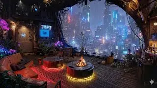 🎵 The Sky Garden Terrace: Rain on Plants & Fire Pit | Relaxing Ambient Music | 4K | 10 hrs