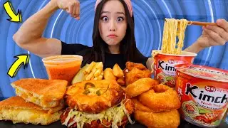 NOT MY ARMS CHALLENGE ft. Fiance + Kimchi Ramen & Onions Rings & Grilled Cheese MUKBANG