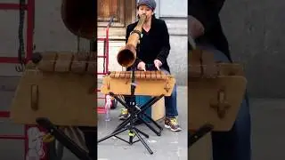 One-man band plays Didgeridoo, Marimba and Percussions in the streets of Brussels, Belgium