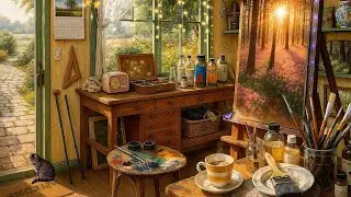 Cozy Grandma's Art Studio 🎨 ASMR | Summer Morning Ambience with Nature Sounds, Sketching & Cat