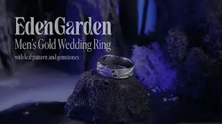 Men&rsquo;s Gold Wedding Ring with Leaf Pattern and Gemstones