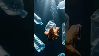 Octopus swimming in plastic polluted ocean