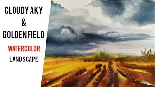 How to paint a Cloudy sky & golden field landscape with Watercolor 🏞️