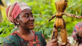 African women making African dolls and Mat from Banana fibers.