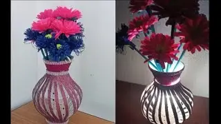 How to make flower vase with glitter paper//house decoration//diy craft with glitter paper