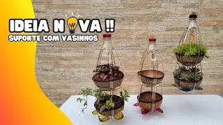 IDEIA NOVA! Como fazer um SUPORTE para plantas com GARRAFA PET e VASINHOS com CASCAS de COCO