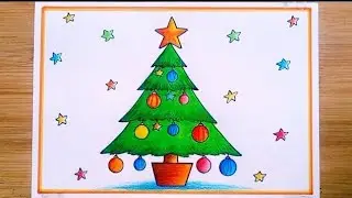 Merry Christmas, simple and cute drawing of Christmas tree using doms colors, meenu art hub easy