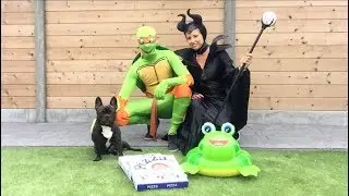 Funny Dog VS Maleficent & Ninja Turtle use pretend play magic: Flor The Frenchie