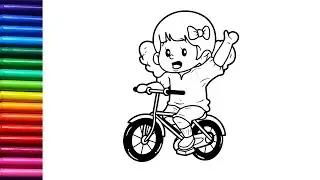 How to draw and color a girl riding a bike | Drawing a girl riding bike easy step by step