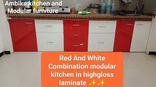 Red And White Combination modular kitchen with highgloss laminate #Modular kitchen #acrylic kitchen