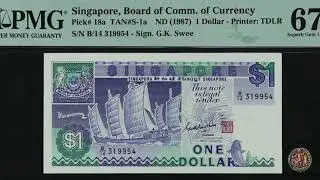 Singapore  1 Dollar  1987  JUNK BOAT  P 18 a  PMG 67 EPQ  SUPERB GEM UNC