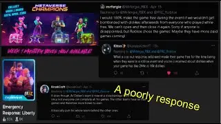 a Metaverse champions event game getting HATED on and devs response is not a good one (roblox)