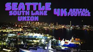 Seattle South Lake Union | Night Drone Aerial 4K - Moon next to Space Needle with Fire Dance 🌓 🔥
