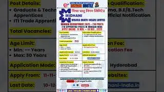 MIDHANI Apprentice Trainees Recruitment 2025 &ndash; Apply Online 210 Posts | #shorts #Apprentice #psujobs