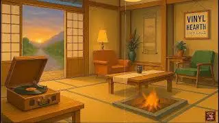 Vintage Japanese Vinyl Ambience | 1940s Old Songs, Rain, Sunset & Crackling Fire