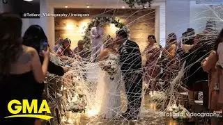 Bride's wedding dress catches fire