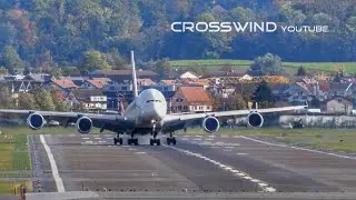Sliding Touch Down A380 Emirates Crosswind Landing Zurich Airport 27.10.2023