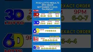 9PM PCSO LOTTO RESULT SEPTEMBER 11,2025 THURSDAY 2D 3D 6D 6/42 6/49