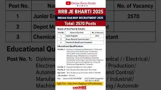 RRB JE Bharti 2025 | Indian Railway JE Recruitment 2025 | 2570 Vacancies | Apply Online #shorts #job