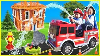 Firefighter rescue with power wheels fire truck and fireman training with kids firehouse fire engine